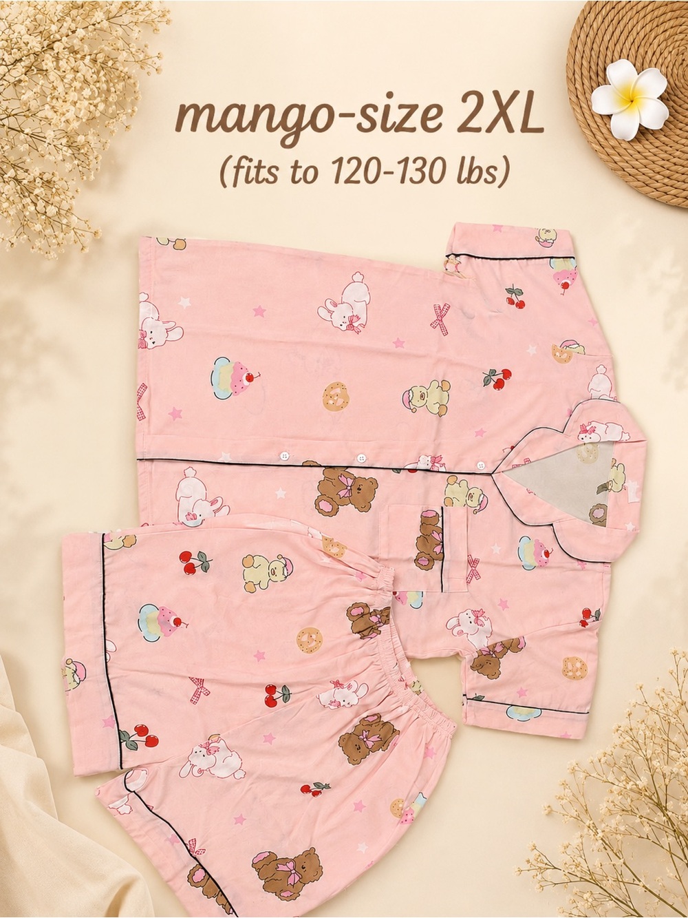 Cute Pink Pajama Set with Bear & Bunny Print